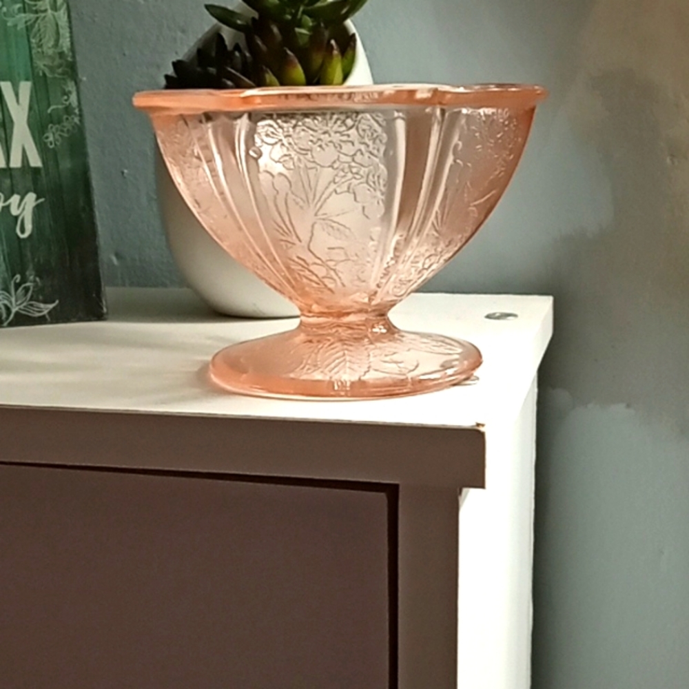 Vintage Authentic Pink Cherry Blossom Depression Glass Candy Dish.